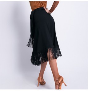 Women Black red Latin dance fringed skirt Latin performance hip scarf mid-length apron lace salsa rumba chacha dance wrap skirt for female