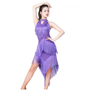 Women black red purple blue Latin dance skirt competition latin dance clothing sequined Latin dance dress irregular fringed  chacha salsa rumba stage performance clothing