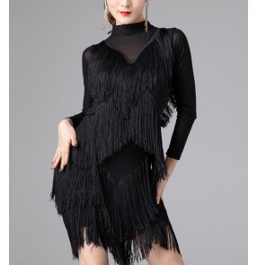Women Black red tassels latin dance dress Turtle neck long sleeves Rumba ChaCha competition practice performance fringed skirt modern latin dance costumes