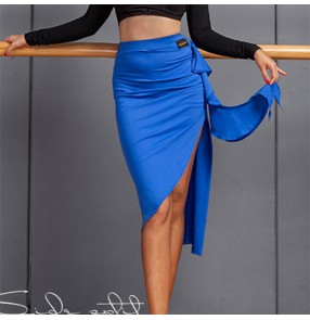 Women black royal blue fringed Latin dance skirt side split salsa rumba chacha short skirt national standard modern practice clothes