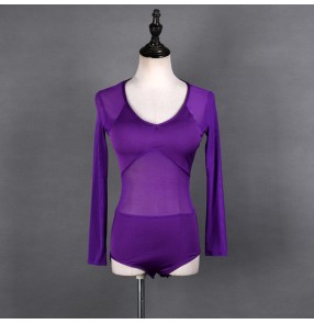 Women black royal blue wine Latin dance body tops Adult blouse sexy One-piece dance suit Practicing body suit long sleeves