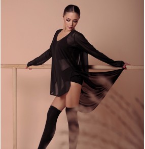 women Black salsa rumba chacha Latin dance tops practice clothes dresses women loose net gauze beauty back strappy tops