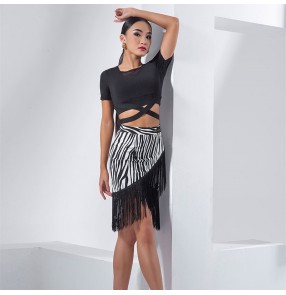 Women black short sleeves tops with zebra skirts latin dance dresses Latin dance skirt with fringed hem modern dance salsa rumba chacha dance costumes for female