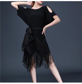 Women black tassels latin dance dresses salsa rumba cha cha howllow shoulder modern dance outfits for female girls  one size 