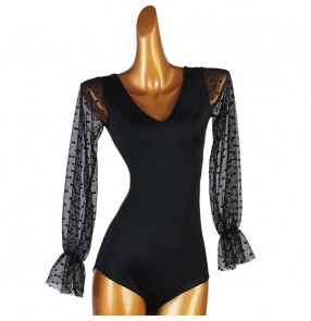 Women black V-neck Latin dance jumpsuit tops with lantern mesh polka dot sleeves modern dance one-piece tops yoga clothes gym suit tops