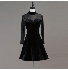 Women black velvet long sleeves diamond competition latin dance dress for women girls rumba salsa chacha dance dress