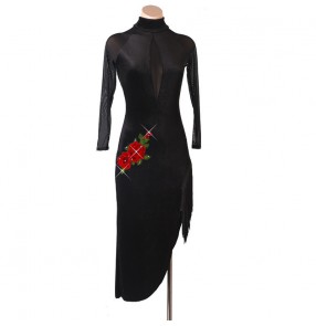 Women black velvet with red rose flowers competition latin dance dress with diamond tassels rumba salsa chacha side slit long dresses
