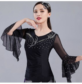 Women black with diamond competition waltz tango ballroom latin dance tops flare long sleeves fashion modern dance blouses shirt for lady