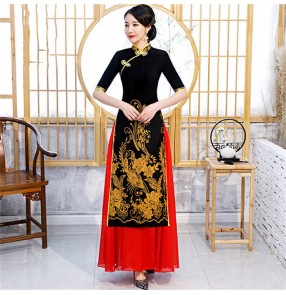 Women Black with gold red Chinese Dresses Velvet catwalk Oriental retro cheongsam dress for women model show singer stage performance qipao Ao Dai dresses