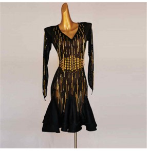 Women black with gold rhinestones competition latin dance dresses stage performance long sleeves v neck latin dance costumes salsa rumba chacha dance dress for female 