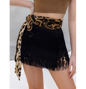 Women black with leopard fringed latin dance skirts stage performance ballroom salsa rumba chacha dance wrap skirts tassels hip scarf 