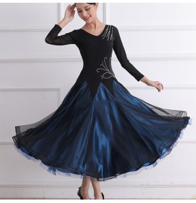 Women black with navy blue competition ballroom dance dresses with diamond waltz tango foxtort smooth dance long gown for woman
