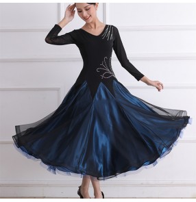 Women black with navy blue competition ballroom dance dresses with diamond waltz tango foxtort smooth dance long gown for woman