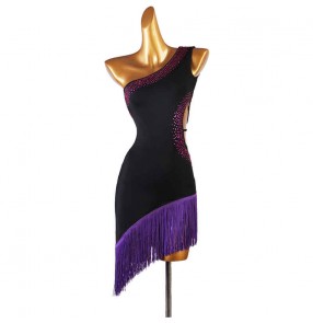 Women black with purple tassels competition latin dance dresses one shoulder diamond latin dance skirts backless fashion salsa rumba chacha dance dress for female 