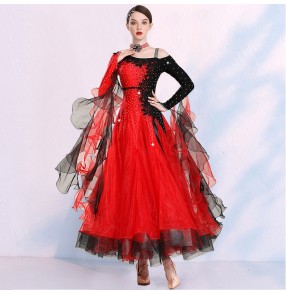 Women black with red apricot diamond competition Waltz Tango ballroom dance dresses big swing skirt competition smooth foxtrot dance dresses