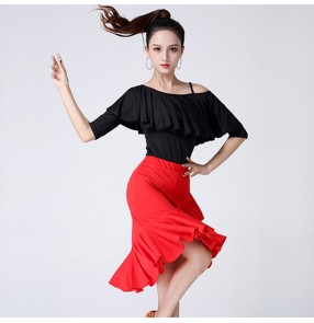 Women Black with red competition latin dance dresses rumba chacha salsa dance skirts latin dance costumes for female 