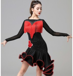 Women Black with red fringed Latin dance Dresses latin performance clothing adult group competition professional performance tassel skirt