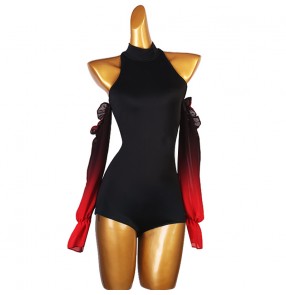 Women Black with Red Gradient Balltoom Latin Dance Bodysuits long hollow shoulder sleeves competition ballroom latin flamenco dance jumpsuits stage performance leotards for lady