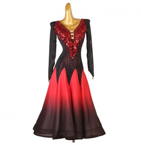 Women black with red gradient colored competition ballroom dance dresses for girls waltz tango foxtort smooth dance long dresses for lady 