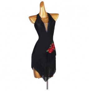 Women black with red rose flowers competition latin dance dress with gemstones professional rumba salsa dance tassels dress
