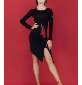 Women black with red rose flowers latin dance dresses modern salsa rumba chacha dance side slit sexy dresses for female