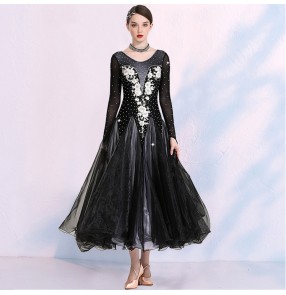 Women black with silver gold ballroom dancing dresses long sleeves foxtrot smooth dance competition waltz tango dance dresses