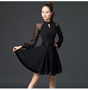 Women black with velvet ballroom latin dancing dresses long mesh sleeves salsa rumba cha cha dance outfits for female