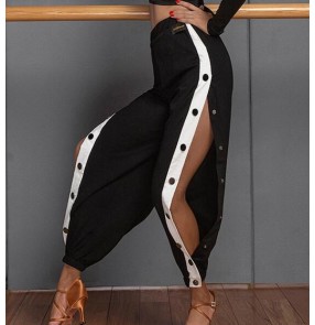 Women black with white Latin dance trousers side buckle split hip hop jazz dance long pants sports fitness practice haren pants high waist dance costumes