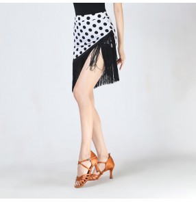 Women black with white polka dot tassels latin dance skirts salsa rumba cha cha performance irregular dane skirt for female