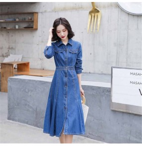 Women blue Denim dress mid-length jeans dress for female Korean fashion waist long-sleeved casual long skirt denim shirt dresses