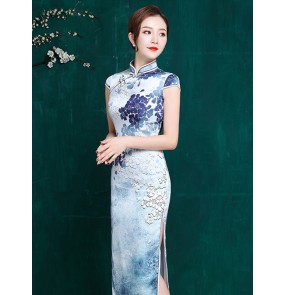 Women blue floral printed chinese dresses traditional oriental qipao cheongsam dress miss etiquette model show host singers performance dresses