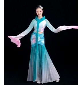 Women blue gradient chinese folk Classical dance costumes waterfall Caiwei dance dresses Jinghong dance clothes elegant Hanfu