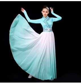Women blue gradient chinese folk dance costumes classical yangko fan umbrella dance dresses fairy photo shooting performance dresses