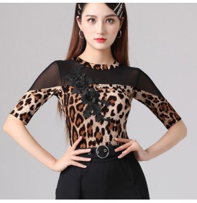 Women Blue Leopard Ballroom Latin Dancing tops Girls salsa chacha rumba performance jumpsuits catsuits Leotards for female