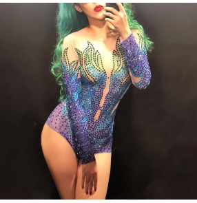 Women blue with green rhinestones singers jazz dance costumes DS nightclub bar sexy carnival party see through performance jumpsuit female  Dj dance team gogo dancers costume