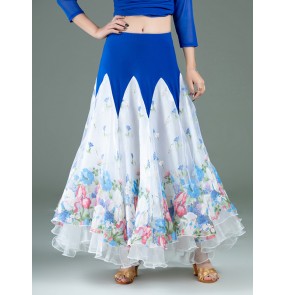 Women blue with white flowers ballroom dancing skirts stage performance modern dance waltz tango foxtort dance long skirts for female