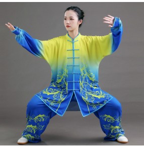 Women blue with yellow gradient taichi Chinese kungfu clothing morning exercises fitness sports martial art wushu stage performance uniforms for woman