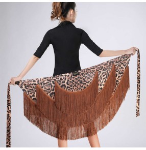 Women brown leopard Latin dance costume wrap hip scarf for dance female adult fringed latin skirts practice clothes show Latin dance dress