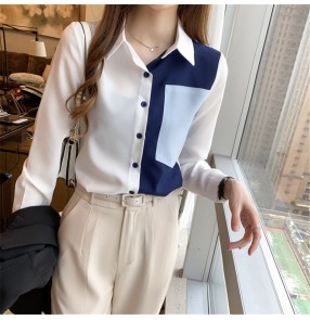 women chiffon blouses Spring korean style white with blue patchwork shirt temperament professional wear chiffon shirt all-match shirt women
