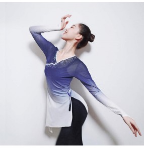 Women chinese Classical practice clothes Ballet dance practice tops with diamond gauze adult body suit gradient color exercises dance top