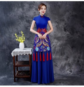 Women chinese dress oriental qipao dresses evening dress White Red chiffon model catwalk team performance miss etiquette cheongsam stage chorus dresses