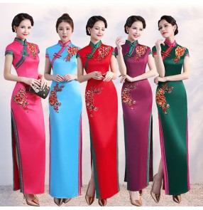 Women Chinese Dresses Dark Green Red Blue Chorus Host Singer Oriental Retro Qipao Cheongsam For female miss etiquette Model show stage performance party dresses