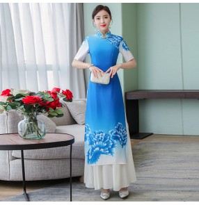 Women Chinese Dresses Green blue fuchsia Retro long Cheongsam qipao dress for women host singers miss etiquette party evening dresses for female