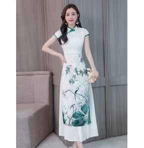 Women Chinese dresses oriental qipao dresses female stage peformance miss etiquette host singers dresses cheongsam Ao Dai top tea dress 