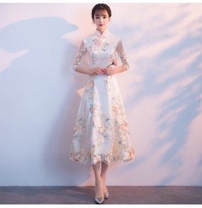 Women chinese dresses qipao Cheongsam mid-length dress banquet host singers evening dress long-sleeved daily miss etiquette skirt