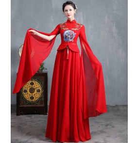 Women Chinese dresses traditional Cheongsam oriental retro qipao dresses catwalk singers host performance costume miss etiquette model show dresses
