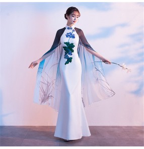 Women chinese dresses traditional oriental qipao dresses Fishtail cheongsam slim long dress fairy skirt stage catwalk performance dresses