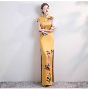 Women Chinese Dresses yellow white red oriental retro qipao dress cheongsam for female host singers model show miss etiquette stage performance party dresses