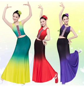 women chinese folk Dai Dance Costumes Art Test Dance belly dance skirts Practice Fishtail Skirt Peacock Dance Performance Costumes