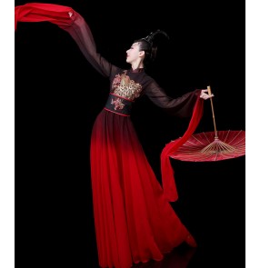 Women chinese folk dance dress red black gradient waterfall fairy dress Traditional classical dance costume Han Tang Ming Song princess dance dress 